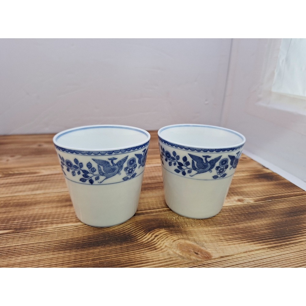 X2 Royal Satsuma Nippon Japan Handleless Teacup‎ Blue & White Mint Condition Set